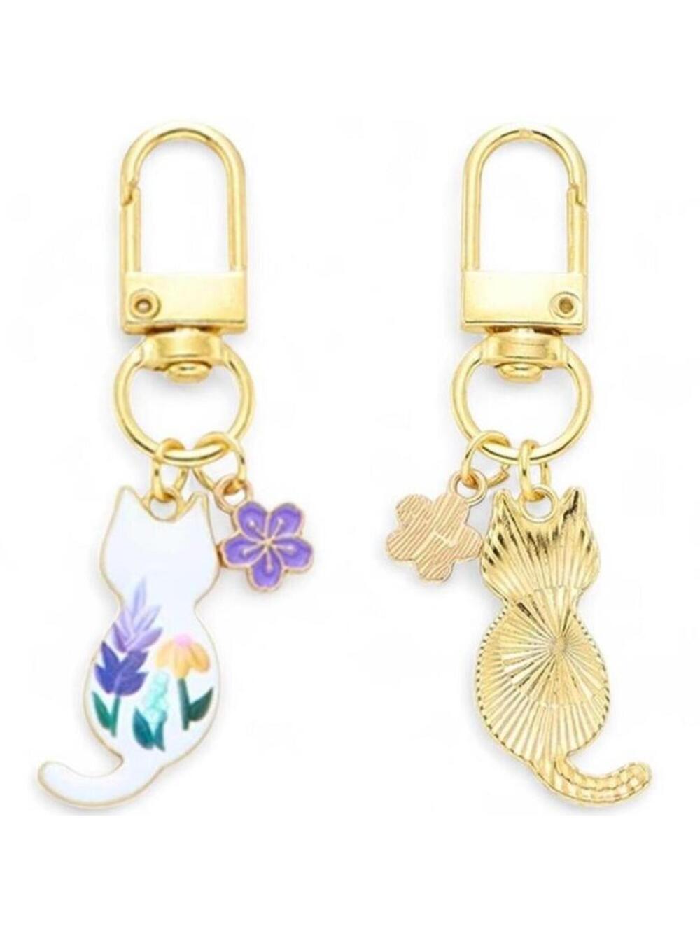 Cat Key Chain Charm Womens Gold Floral Animal Print Cottage Granny Boho Gift New